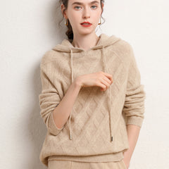 Women's Wool Diamond-Knit Hoodie  Cashmere Sweater