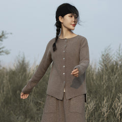 Round Neck Knitted Minimalist Button-Up Jacket Cashmere Cardigan