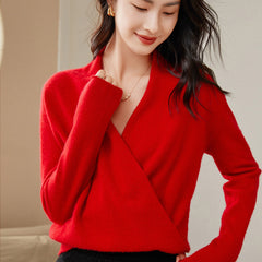 Cross V-neck Cashmere Wrap Slim Top Sweater for Women