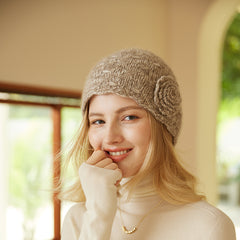 100% Pure Cashmere Flower Knit Beanie Hat for Women – Handmade Soft Winter Beanie