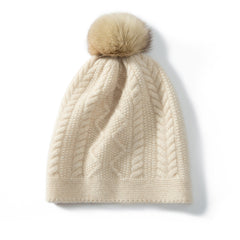 Winter Cable Knit 100% Cashmere Beanie with Fur Pom Pom