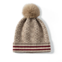 Fair Isle Beanie Winter Cashmere Hat with Fur Pom Knit Ski Hat