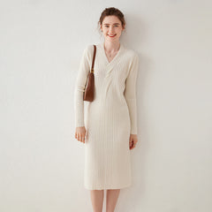 Women's V-neck Twisted Ribbed Wrap-Style Midi Sweater Dress