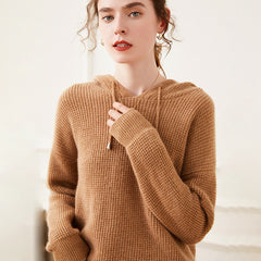 Cashmere Wool Blend Textured Knit Hoodie Sweater for Women – Cozy Waffle Knit Pullover