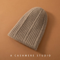 100% Cashmere Soft Warm Hat Two-Tone Cable Knit Beanie