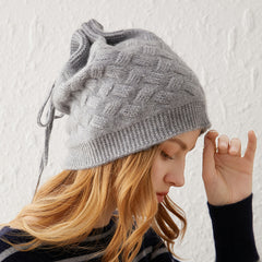 100% Pure Cashmere Drawstring Basket Knit Beanie – Adjustable Winter Hat for Women