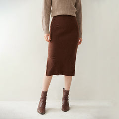 Textured Rib Straight Slit Knitted Hip Cashmere Midi Skirt Dress