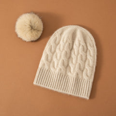 Women 100% Cashmere Beanie Soft Warm Hat with Fur Pom