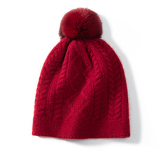 Winter Cable Knit 100% Cashmere Beanie with Fur Pom Pom