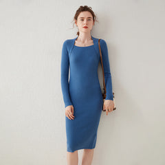 Ribbed Square-Neck Cashmere Women's Long Knitted Midi Dress