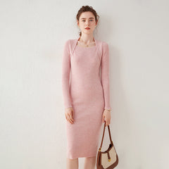 Ribbed Square-Neck Cashmere Women's Long Knitted Midi Dress