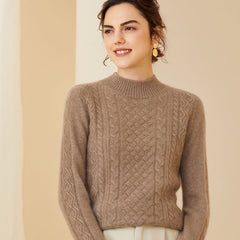 Women's Crew Neck Ribbed Pullover Cashmere Cable Knit Sweater