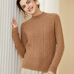 Women's Crew Neck Ribbed Pullover Cashmere Cable Knit Sweater