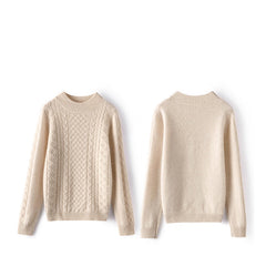 Women's Crew Neck Ribbed Pullover Cashmere Cable Knit Sweater