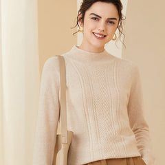 Women's Mock Neck Chevron Pattern Knit Pullover Cashmere Sweater
