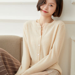 Women's Classic Button-Up Knit Wool Crew Neck Cashmere Cardigan