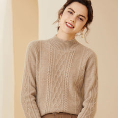 Mock Neck Cable Knit Cashmere Warm Sweater for Women