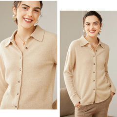 Pure Cashmere Button-Down Knit Polo Collar Lapel Cashmere Cardigan