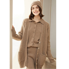 Pure Cashmere Button-Down Knit Polo Collar Lapel Cashmere Cardigan