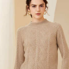 Women's Crew Neck Cable Knit Cashmere Wool Top Sweater