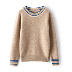 Round Neck Knitted Warm Contrast Trim Knit Top Cashmere Sweater