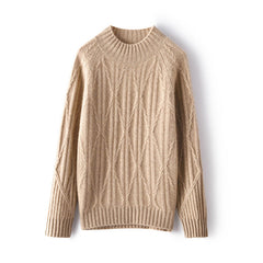 Loose Geometric Cable Knit Warm Mock Neck Cashmere Wool Sweater