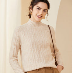Loose Geometric Cable Knit Warm Mock Neck Cashmere Wool Sweater