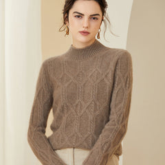 Warm Mock Neck Geometric Cable Knit Cashmere Wool Sweater
