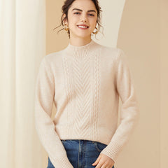Mock Neck Chevron Cable Knit Cashmere Thick Cashmere Sweater