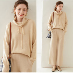 Cowl Neck Cashmere Wool Sweater Loose Tie Soft Relaxed Knit Top