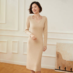Women's  Long V Neck Cashmere Sweater Soft Knit Midi Dress