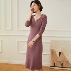 Women's  Long V Neck Cashmere Sweater Soft Knit Midi Dress