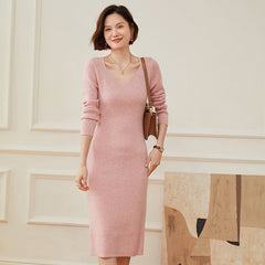 Women's  Long V Neck Cashmere Sweater Soft Knit Midi Dress