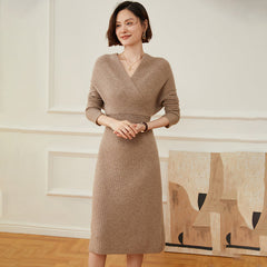 Women's Ribbed Knit Long Wrap Cashmere Sweater Midi Dress