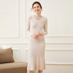 Women's Ribbed V-Neck Cashmere Soft Knit Slim Dresses for Women