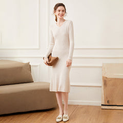 Women's Ribbed V-Neck Cashmere Soft Knit Slim Dresses for Women